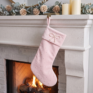 Blush <b>Pink</b> Pearl Beaded Velvet Christmas Stocking Bow Xmas Sock for Girls Room Holiday Gift <b>Bags</b> - Product Image 3