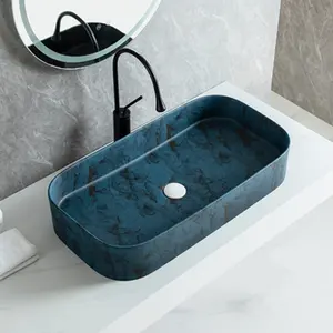 Bak Cuci Tangan persegi panjang seni porselen wastafel marmer biru Lavabo keramik kustom atas meja terbaru untuk ruang cuci kamar mandi