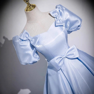 Sky Blue Satin Ball Gown Square Neck Empire Waist Long Evening Dress For Women Art Exam Choir Performance Hosting - Product Image 2