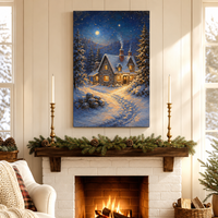 Impression sur toile de peinture de nuit de chalet enneigé d'hiver, affiche murale, paysage de montagne enneigée de Noël, décoration pour salon et hôtel