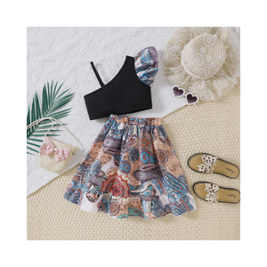 เสื้อผ้าเด็กฤดูร้อนไซส์ 3-7 ขวบ ขายส่งเสื้อผ้าเด็กสไตล์ชาติพันธุ์ ชุดเซ็ต 2 ชิ้น สายคล้องไหล่พิมพ์ลาย - Product Image 1