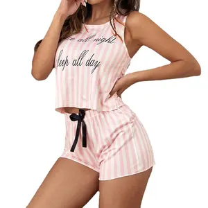 Summer Striped Letter T Shirts & Shorts Sleeveless Pajamas For Women plus size Cute Girl Sleepwear Fashion Homewear pajama set