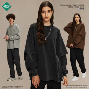 เสื้อยืดคอกลมแขนยาวผ้าย้อมสองชิ้น, เสื้อยืดแฟชั่นแนวสตรีทย้อมสีย้อมสีสำหรับ2024ฤดูใบไม้ร่วง - Product Image 4