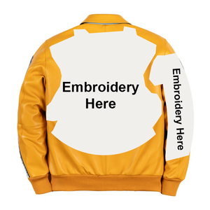 Men's Yellow Pu Leather Bomber Jacket Front Zipper Embroidery Casual Autumn Style Turn-down Collar Regular Fit - Product Image 2