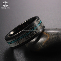 DGtungsten A168 Bague en carbure de tungstène plate noire de 8 mm avec incrustation de turquoise en forme de bois de cerf, tendance, unisexe, alliance confortable