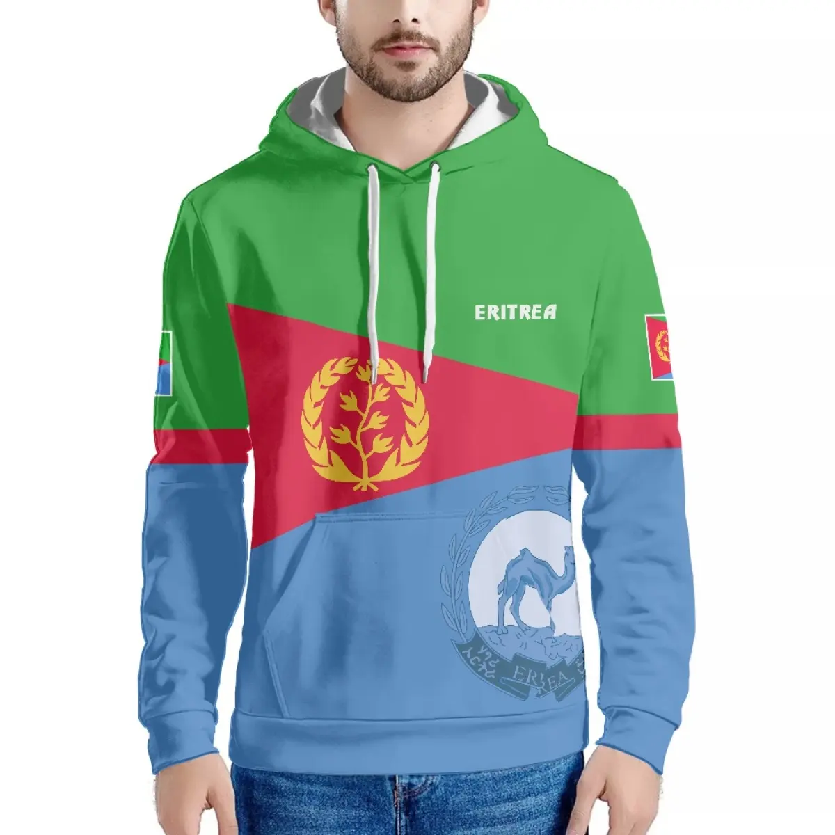 2022 Desain Bendera Eritrea Hoodie Pria Grosir Anti Pilling Pullover untuk Pria Hoodie Kebesaran Pakaian Olahraga Hoodie Uniseks