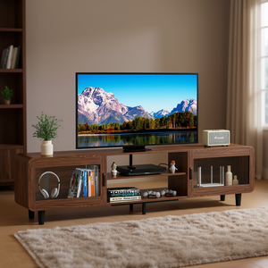 Mueble para TV de Madera de Nogal de 55/60/65/70 Pulgadas, Centro de Entretenimiento con Tomas de Corriente, Consola Multimedia con Puertas Corredizas y Estante Abierto, Modelo para Sala de Estar - Product Image 2