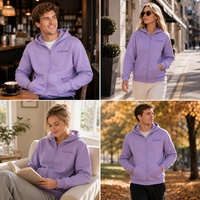 Sweat à capuche unisexe violet personnalisé OEM avec fermeture éclair intégrale, manches longues et poche kangourou, vêtements vierges, vente en gros, fournisseur direct d'usine