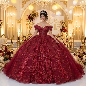 Nxm01-Pz Stunning <b>Burgundy</b> Sequin Ball Gown Off Shoulder Ruffle Beaded Corset Quinceanera <b>Dress</b> <b>Prom</b> Gown Jancemebr - Product Image 1