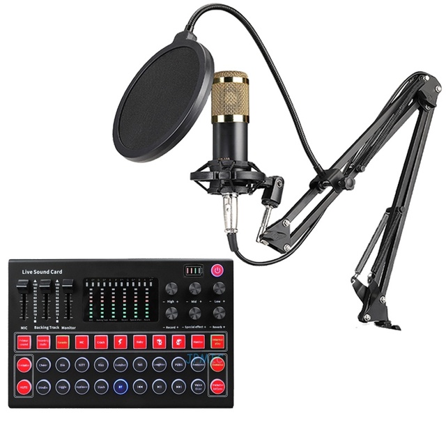 Podcast Equipment Kit, V8, V9 M9 Mic Sound Card, Audio Mixer & BM800 Condenser Microphone Kit, for Streaming Media, Recording
