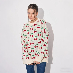 Automne <span class=keywords><strong>hiver</strong></span> pulls Femmes femmes pull <span class=keywords><strong>cerise</strong></span> imprimer doux coupe ample pull pull surdimensionné <span class=keywords><strong>d</strong></span>écontracté femmes pull tricoté - Product Image 1