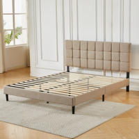 Cadre de lit en tissu de lin capitonné, lit plateforme rembourré beige avec tête de lit boutonnée, lattes en bois robustes, taille King/Queen