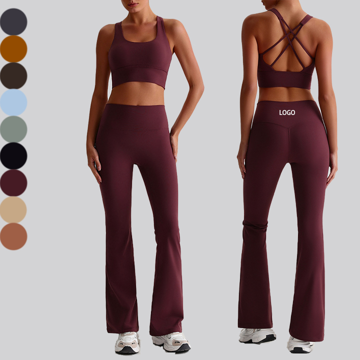 Custom LOGO Womens Super Soft Stretchy Brushed High Waist Flared Leggings Workout Sportswear Yoga Set