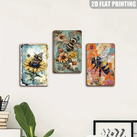 Plaque murale en métal style vintage vieilli avec abeille et fleurs sauvages en aquarelle pour patio et jardin