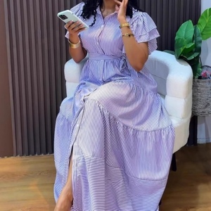 Vestidos africanos a rayas de manga corta, holgados, de longitud media y con abertura, para mujeres de talla grande. - Product Image 4