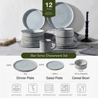 Ensemble de 18 assiettes rondes rayées EKA en céramique, vaisselle anti-rayures, passe au micro-ondes et au lave-vaisselle, assiettes à steak, assiettes à pâtes, assiettes à soupe