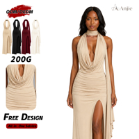 Robe longue de soirée fendue à col drapé et dos nu, personnalisée OEM/ODM, marque privée, vente en gros, fabricant Anjie