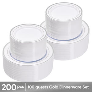 Lot de 200 Assiettes Jetables en PET – 100 Assiettes Plates et 100 Assiettes à Salade – Sans BPA, Écologiques, Compatibles Micro-ondes, Bord Doré – Style Moderne pour Mariages - Product Image 2