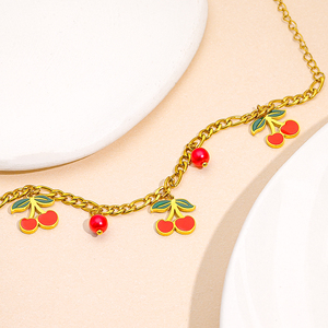 Conjuntos de joyería de moda de acero inoxidable 18K chapado en oro borla cereza encantos pulsera cubana - Product Image 3