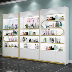 Luxus Holzwand freistehende Beauty Makeup Stand Kosmetik Display Stand mit LED-Licht