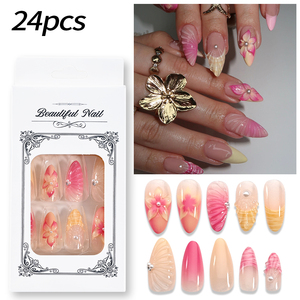 24 <span class=keywords><strong>faux</strong></span> ongles en forme d'amande, rose blush, <span class=keywords><strong>motif</strong></span> floral 3D, style français simple et doux, pour femmes, artificiels, portables - Product Image 2