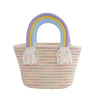 Sac à main tressé en fil de coton arc-en-ciel avec pompon ouvert, passe-partout, doublure en polyester, sac de voyage souvenir en corde de coton pour la plage
