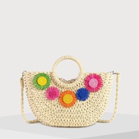 Produit phare : Sac messager fleuri en paille et fil de coton, sac de plage tressé, sac cabas et sac à bandoulière pour femme, sacs à main