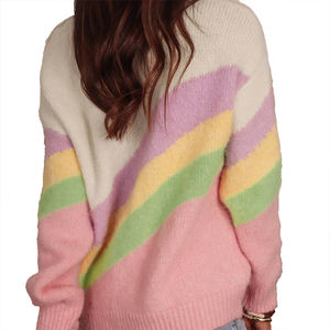 เสื้อสเวตเตอร์ถักแฟชั่นลำลองสำหรับผู้หญิง ดีไซน์หรูหรา เหมาะสำหรับวันพักผ่อน คอทรงกลม ติดกระดุมที่ไหล่ ลายทาง สีสันตัดกัน - Product Image 4