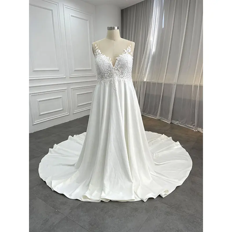 Благородное свадебное платье для невесты высокого качества из крепа, шикарное кружевное платье с V-образным вырезом и аппликацией в виде листьев, рустикальное свадебное платье большого размера 2023