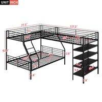 Lit superposé moderne en métal en forme de L avec lit triple, bureau, barrières de sécurité et échelles pour chambre à coucher