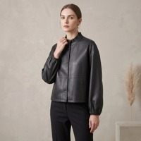 Veste en cuir d'agneau multicolore pour femme, col à volants, manches lanternes à boutons-pression, coupe courte, style coréen doux