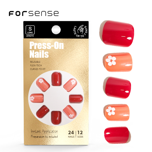 2025 Hot New Press on Nails with Designs Supply High Quality Short square Floral Cute Fake Nail Tips Red Color Stick on Nail Set