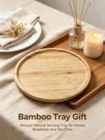 Plateau de service rond en bambou avec rebord surélevé, plateau en bois naturel pour le petit-déjeuner, le thé, le café, les collations