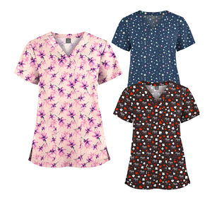 Tous les imprimés Tops Femmes Stretchy V-neck Short Sleeve Cute Geometric Patterns Printed Holiday Nursing Pocketed Breathable Uniforms - Product Image 3