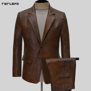 Men Leather Suit <b>Set</b> <b>Blazer</b> Trouser Braided Whipstitch Lapel Trim Notch Lapel Single Button Slim Fit Luxury Formal <b>Set</b> - Product Image 1