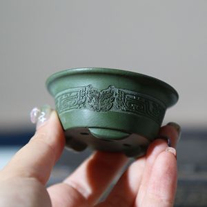 Miniature Bonsai <b>Pot</b> Green <b>Clay</b> Antique Style Thumb Sized Planter - Product Image 1