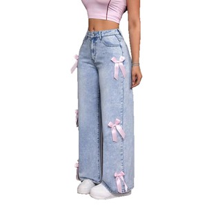 <span class=keywords><strong>Jeans</strong></span> autunnali retrò con fiocco stile Spice Girl, lavaggio effetto invecchiato, vestibilità ampia e gamba larga, casual. - Product Image 3