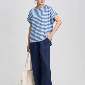T-shirt d'été à col rond pour <span class=keywords><strong>femme</strong></span> Tops à <span class=keywords><strong>manches</strong></span> <span class=keywords><strong>courtes</strong></span> rayés - Product Image 4