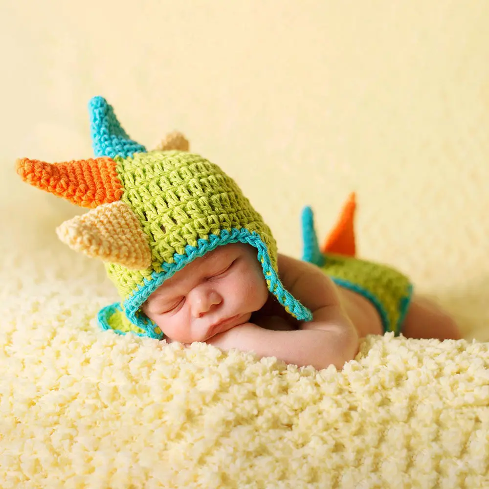 Neugeborene gestrickte Dinosaurier-Stil Anzug Kleinkinder Handgemachte Fotografie Stram pler Baby kleidung Kleinkinder Bögen Stirnbänder