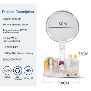 Bán buôn tùy chỉnh lớn LED cầm tay Gương trang điểm 3x <span class=keywords><strong>5x</strong></span> 10x Magnifying Sides hai mặt Vanity gương biểu tượng tùy chỉnh Glass kết thúc - Product Image 2