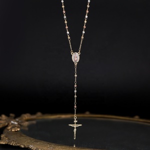 241193 Klassisches 14k Dreifarbig Vergoldetes Messing Kreuz Rosenkranz Religiöser Schmuck Jungfrau Maria Halskette & Armband Set für Herren - Product Image 2