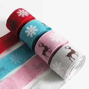 Merry Christmas Decor Deer, Printed Gift Ribbons Roll Sets Wide Christmas Wired Edge Ribbon/