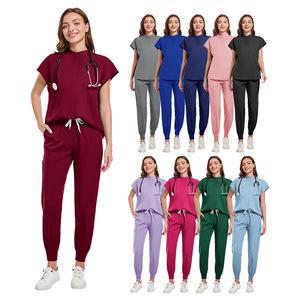 Women Scrub Uniform Set Maroon Moisture Wicking Knitted Hospital Workwear Top And Pants For Nurses Doctors - Product Image 4