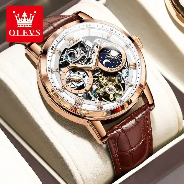 Olevs 6670 Mechanische Horloges Luxe Mode Reloj Bruine Echte Riem
