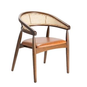 Chaise de salle à manger en bois avec dossier en canne et assise rembourrée en cuir – Chaise de restaurant moderne, mobilier en gros - Product Image 4