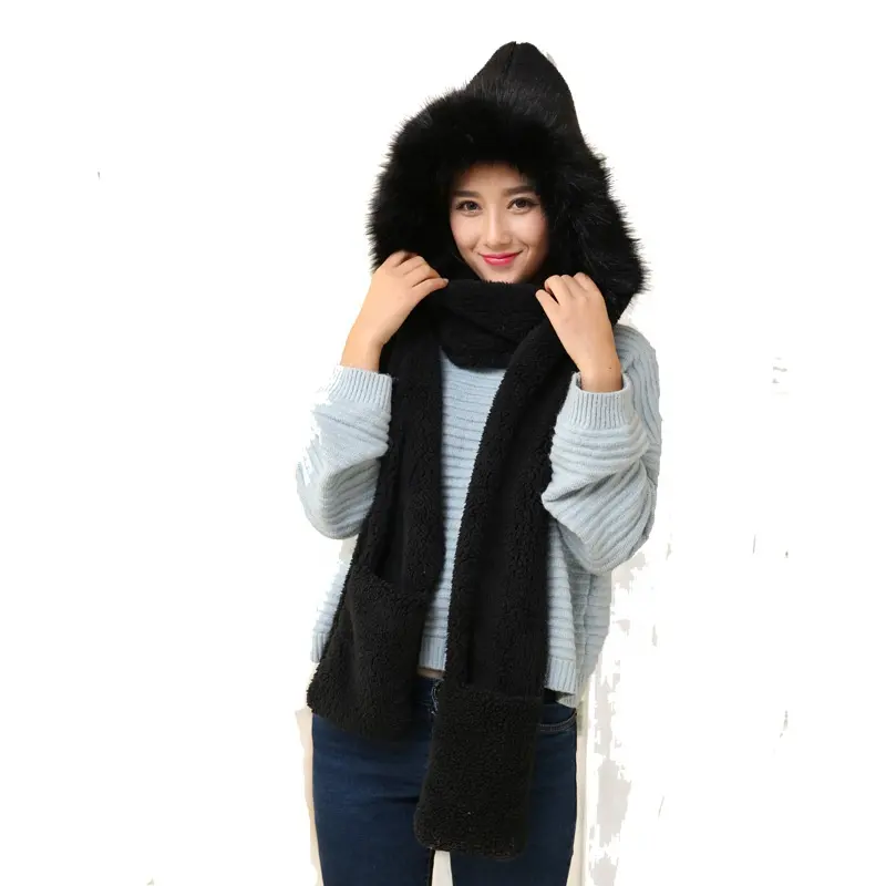 Chapéu com capuz feminino quente de inverno/cachecol/conjunto de luvas chapéu quente grosso de pelúcia macia