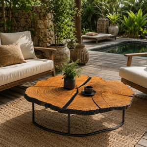 Mesa de Centro Redonda Artesanal de Madera Dura con Borde Natural Orgánico y Base de Pedestal de Acero, Mueble de Café Premium para Hogares de Lujo - Product Image 6