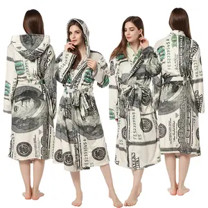 Деньги печати Халат женский сексуальный деньги халат с принтом женские туфли-лодочки с атласным банный халат, одежда для сна