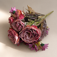 Bouquet de roses artificielles Austin vintage à bords brûlés, 9 têtes, fleurs en soie rétro, fausse composition florale mixte pour la décoration de la maison et de mariage