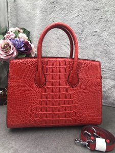 Sac à main en cuir de crocodile véritable, sacoche rouge à poignée supérieure, sac à main avec fermoir torsadé argenté, sac à bandoulière amovible - Product Image 2